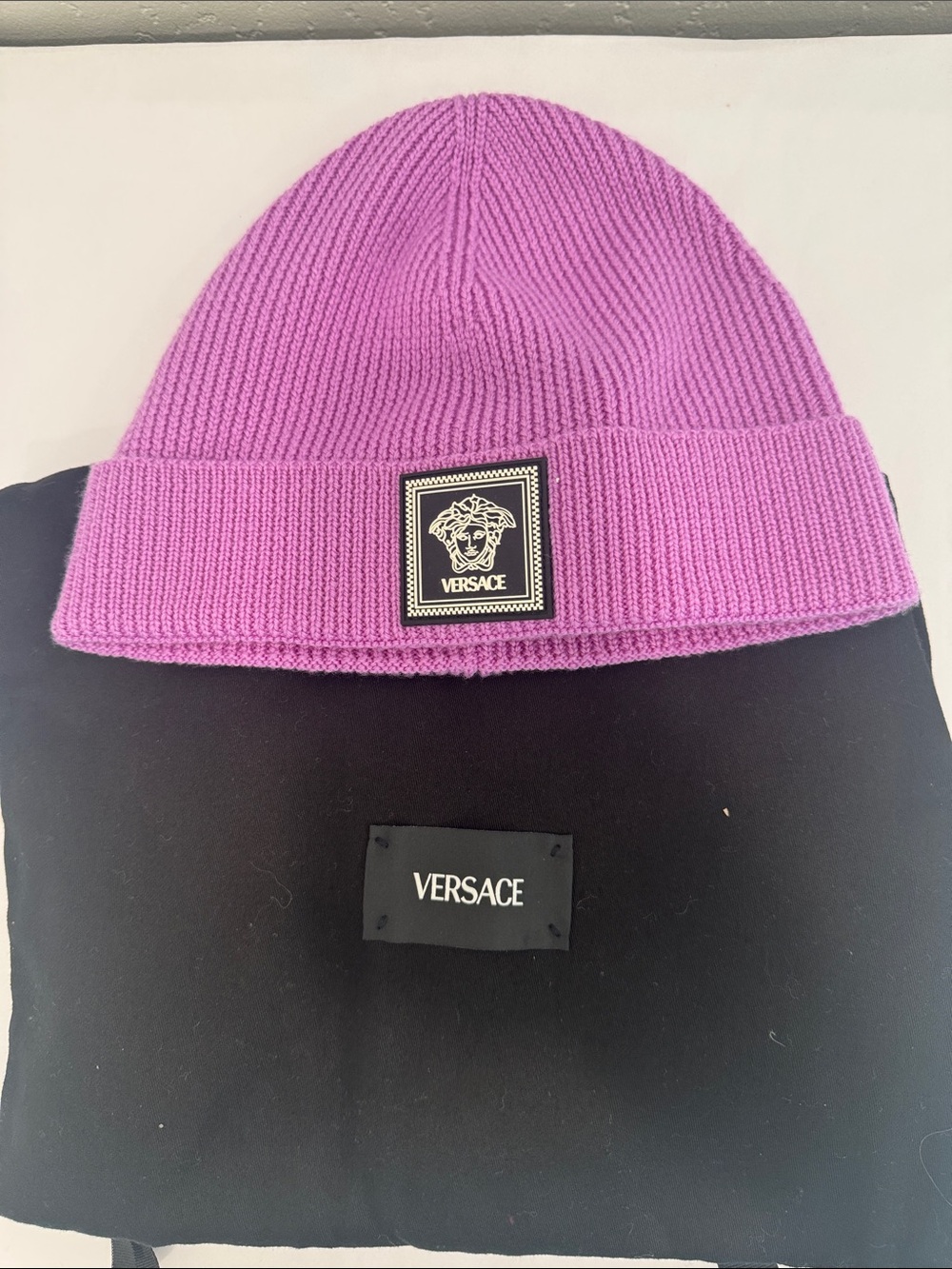Versace Pink Ribbed Wool Beanie with Medusa Patch
